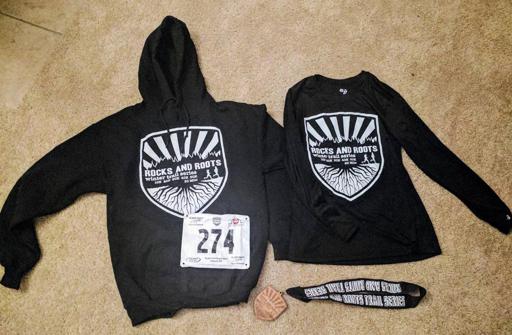 Rocks and Roots 50k shirt, hoodie, and medal