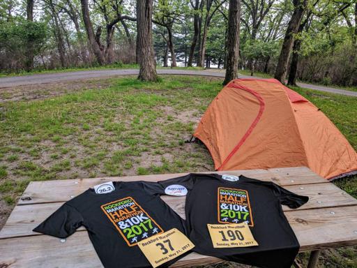 Rock Cut State Park view of Tent and Rockford Marathon Shirt, Bib, and Stickers 2017