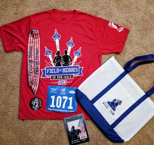 Field of Heroes 5k Finisher Swag: Shirt, Medal, Bib, Bag 2017