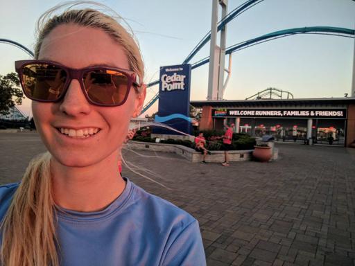 Me at Cedar Point with Welcome Runners Banner in Background