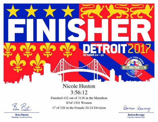 Detroit Marathon Finisher's Certificate 2017