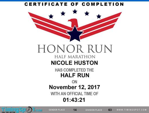 Honor Run Half Finisher's Certificate 2017