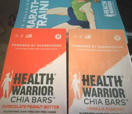 Health Warrior Chocolate Peanut Butter and Vanilla Almond Chia Bars and Marathon Training Coloring Book