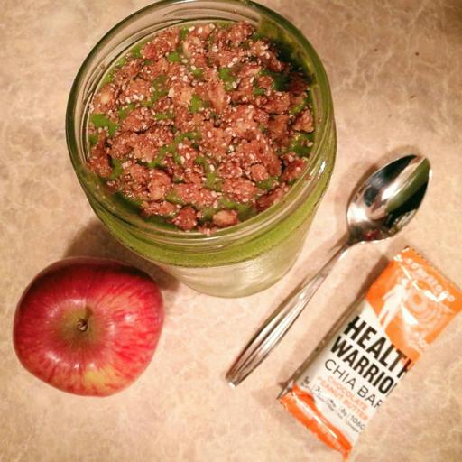 Health Warrior Chia Bar, Green Smoothie, and an Apple